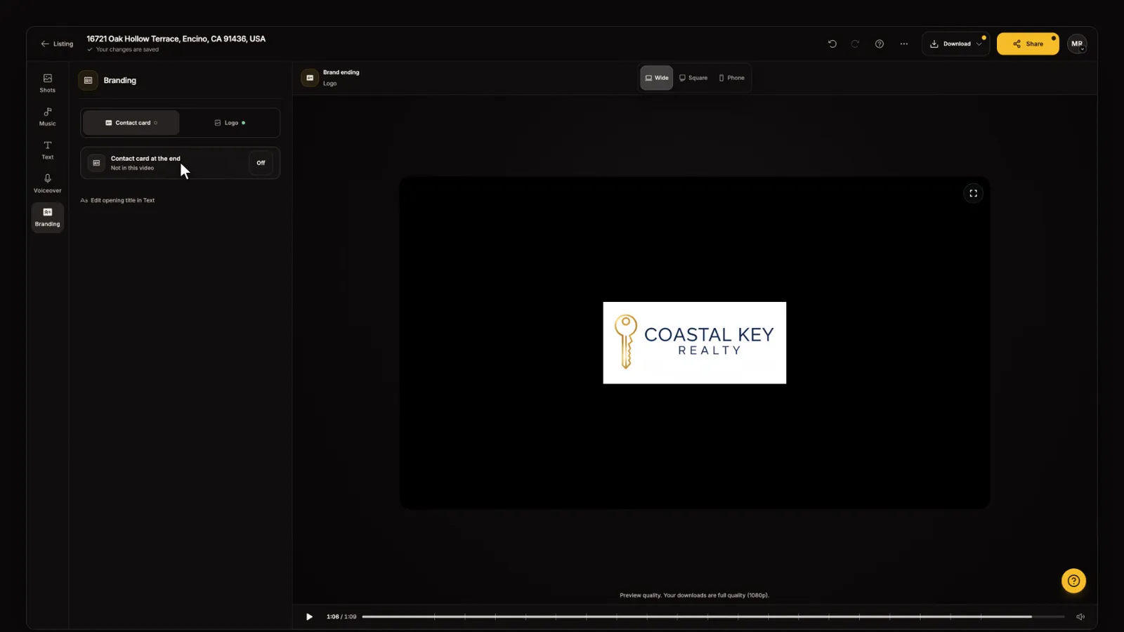 Switch the contact card on, from the Branding and end cards tutorial