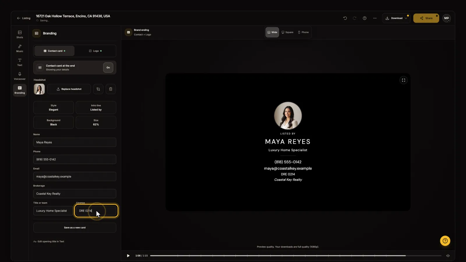 Check your details, from the Branding and end cards tutorial