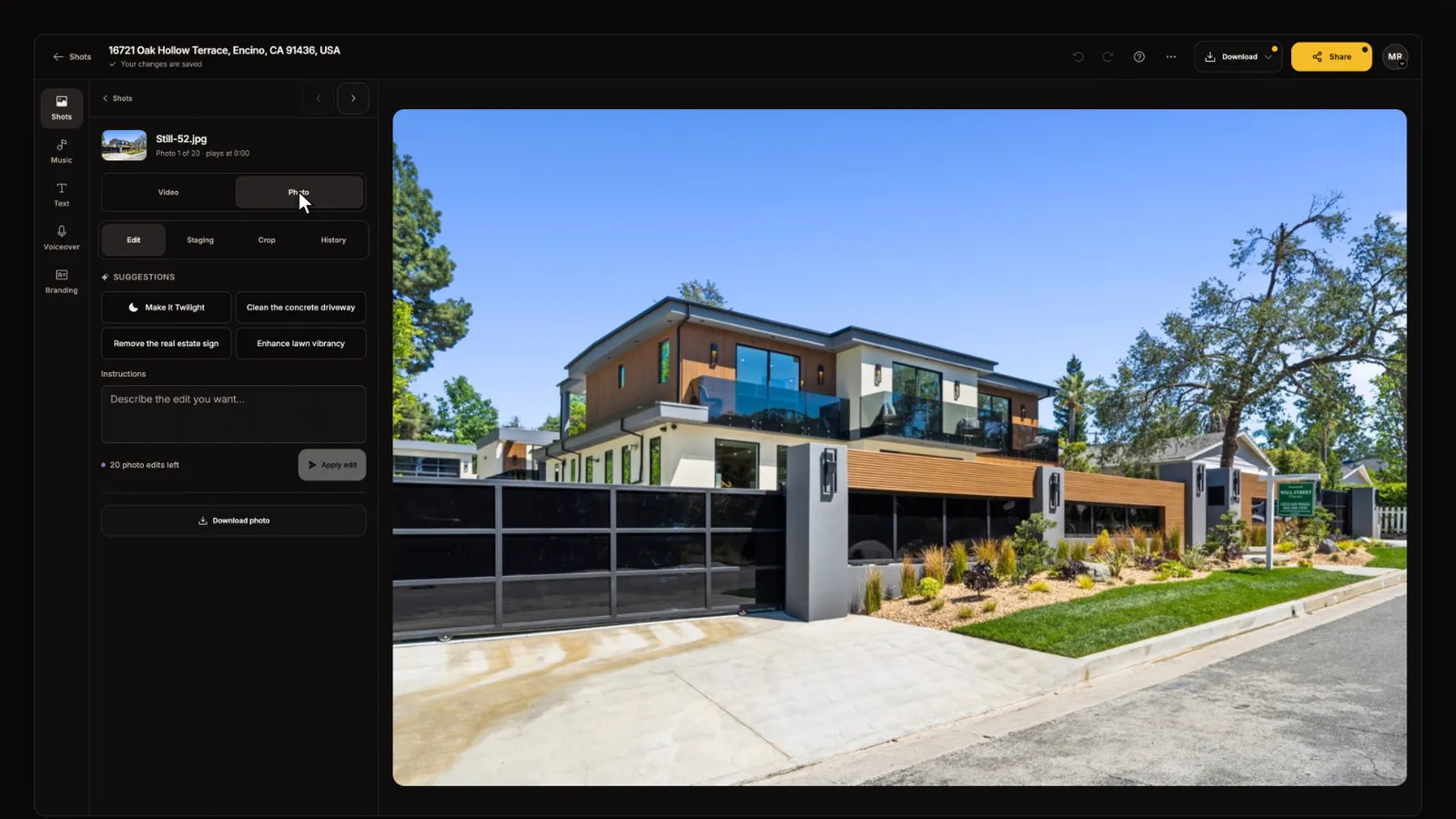 Apply a suggested edit, from the Photo edits and virtual staging tutorial