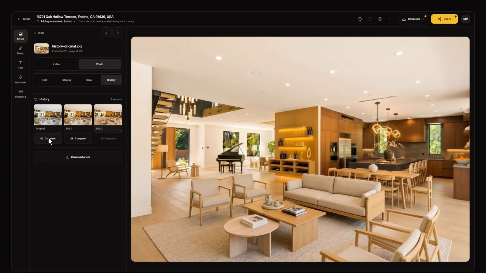 Compare in History, from the Photo edits and virtual staging tutorial