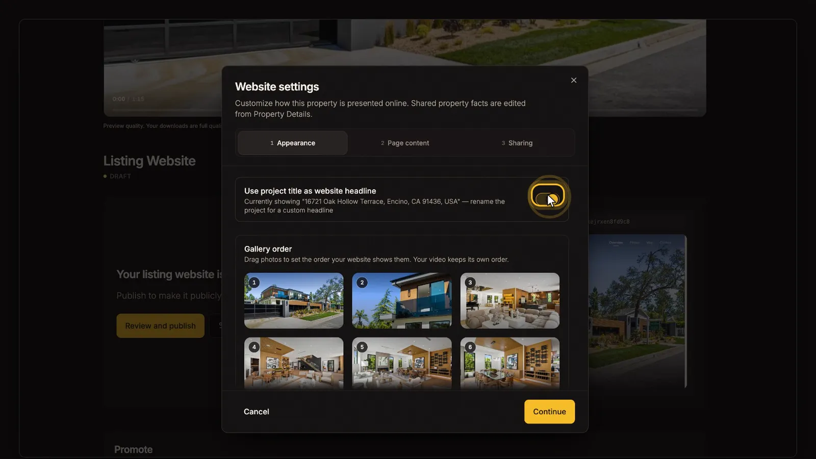 Choose the headline and photo order, from the Your listing website tutorial