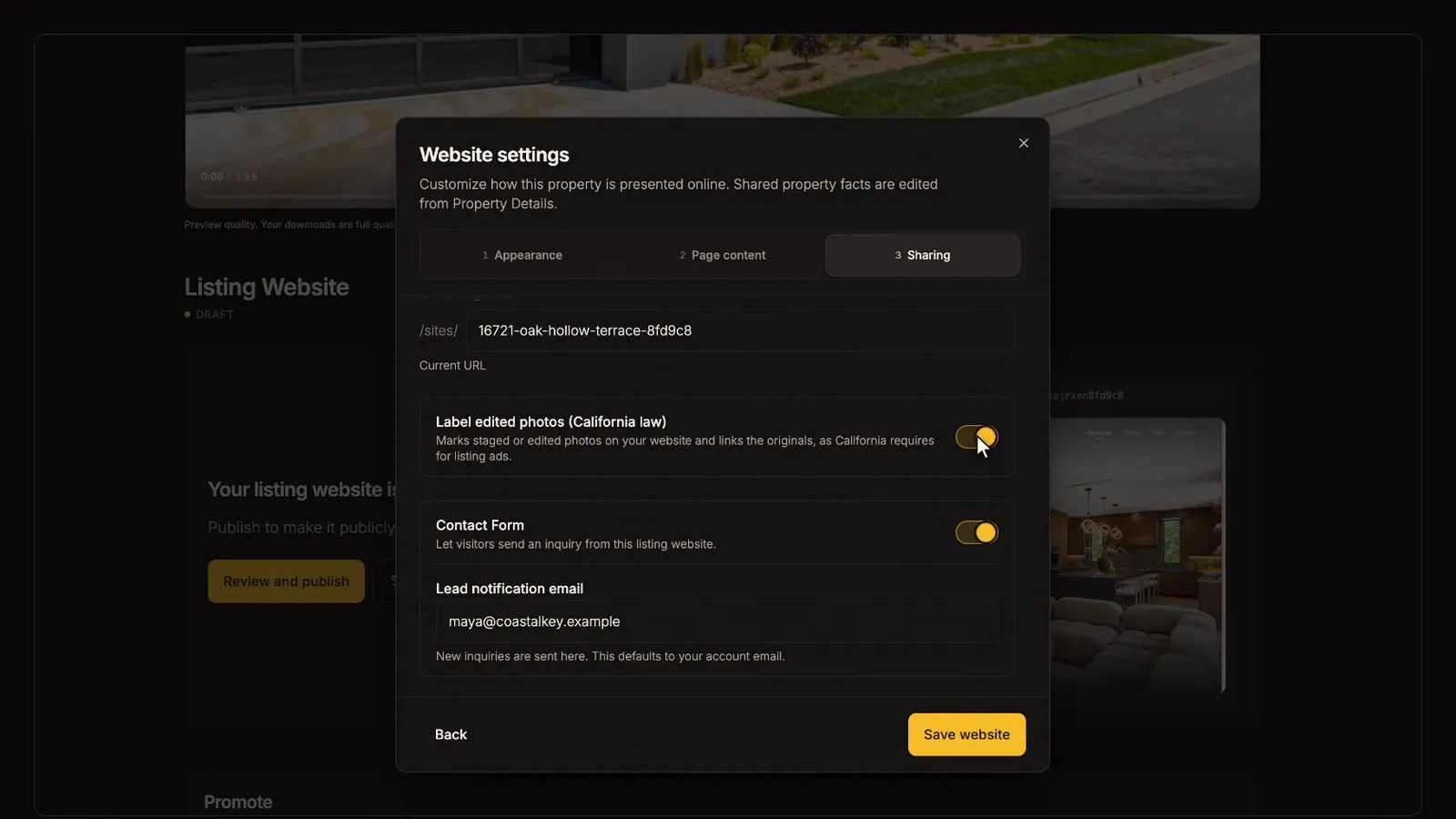 Set the address and contact email, from the Your listing website tutorial