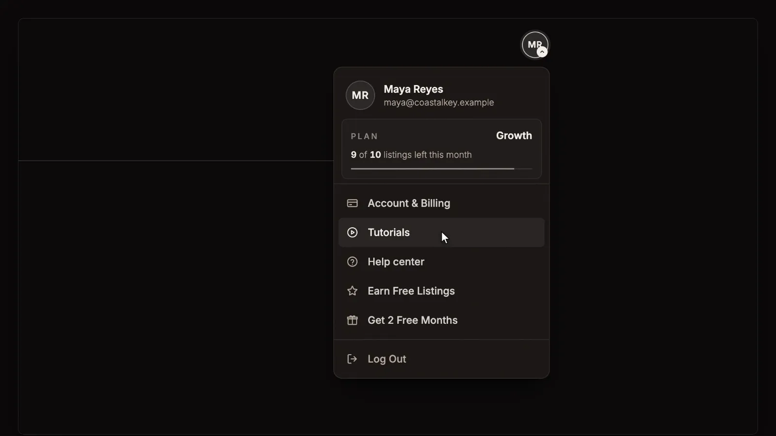 Open the account menu, from the Account, plan and billing tutorial