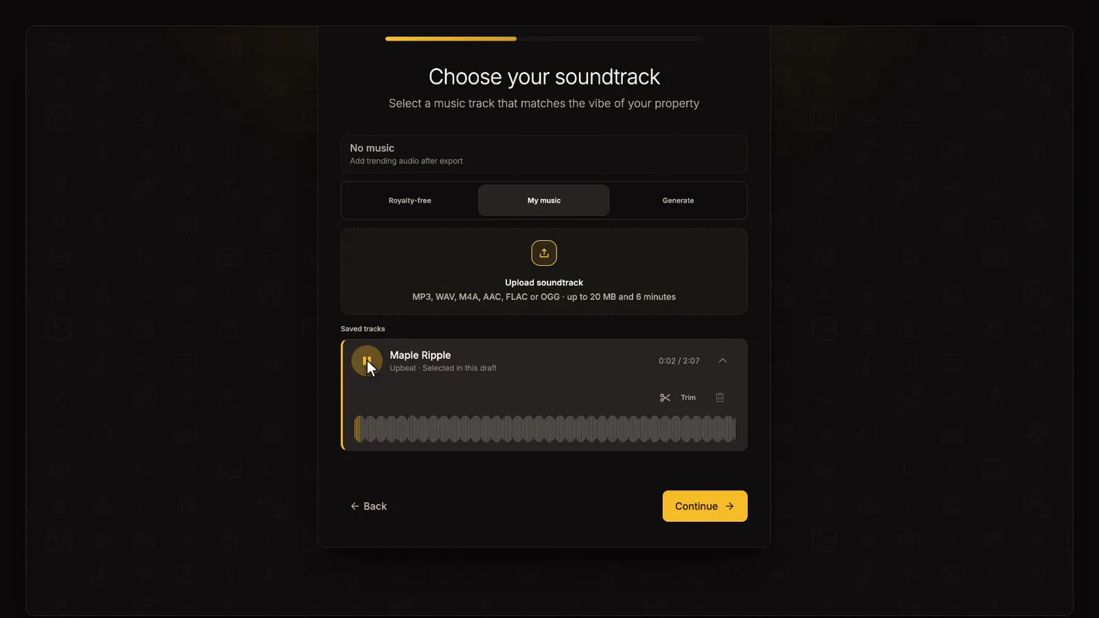 Your new track is saved, from the Your first listing video tutorial
